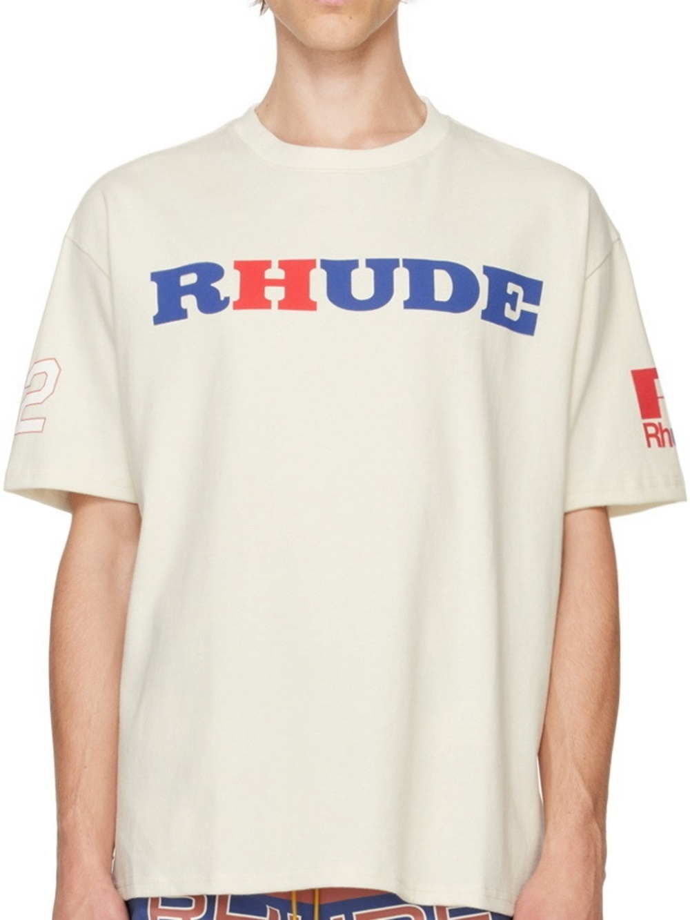 Rhude Ivory Short-Sleeve Logo Tee with Blue and Red Lettering